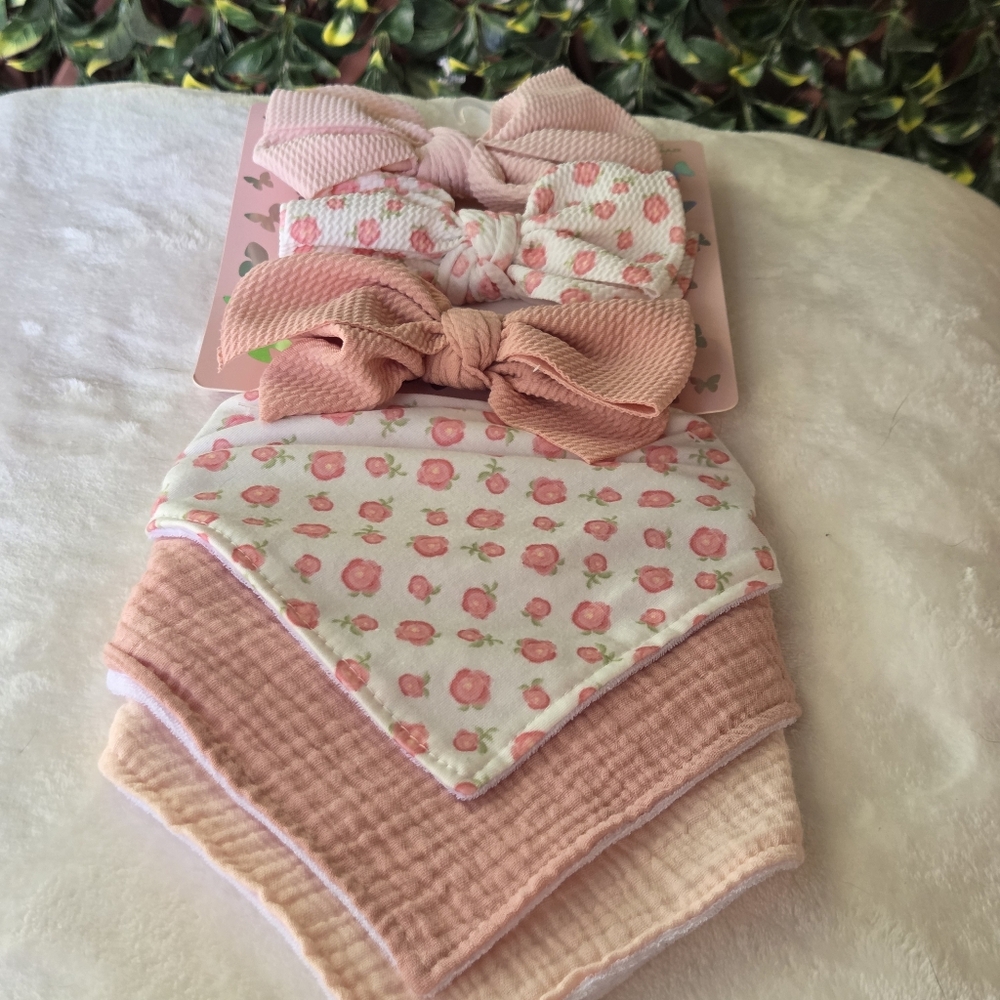 Baby Bow Headband Bandana Bib 6 Pack Gift Set Pink White Floral Ava Olivia NWT
